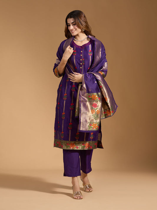 Dhiyona RV Women's Cotton Chanderi Fabric Jacquard Print Kurta Set With Dupatta
