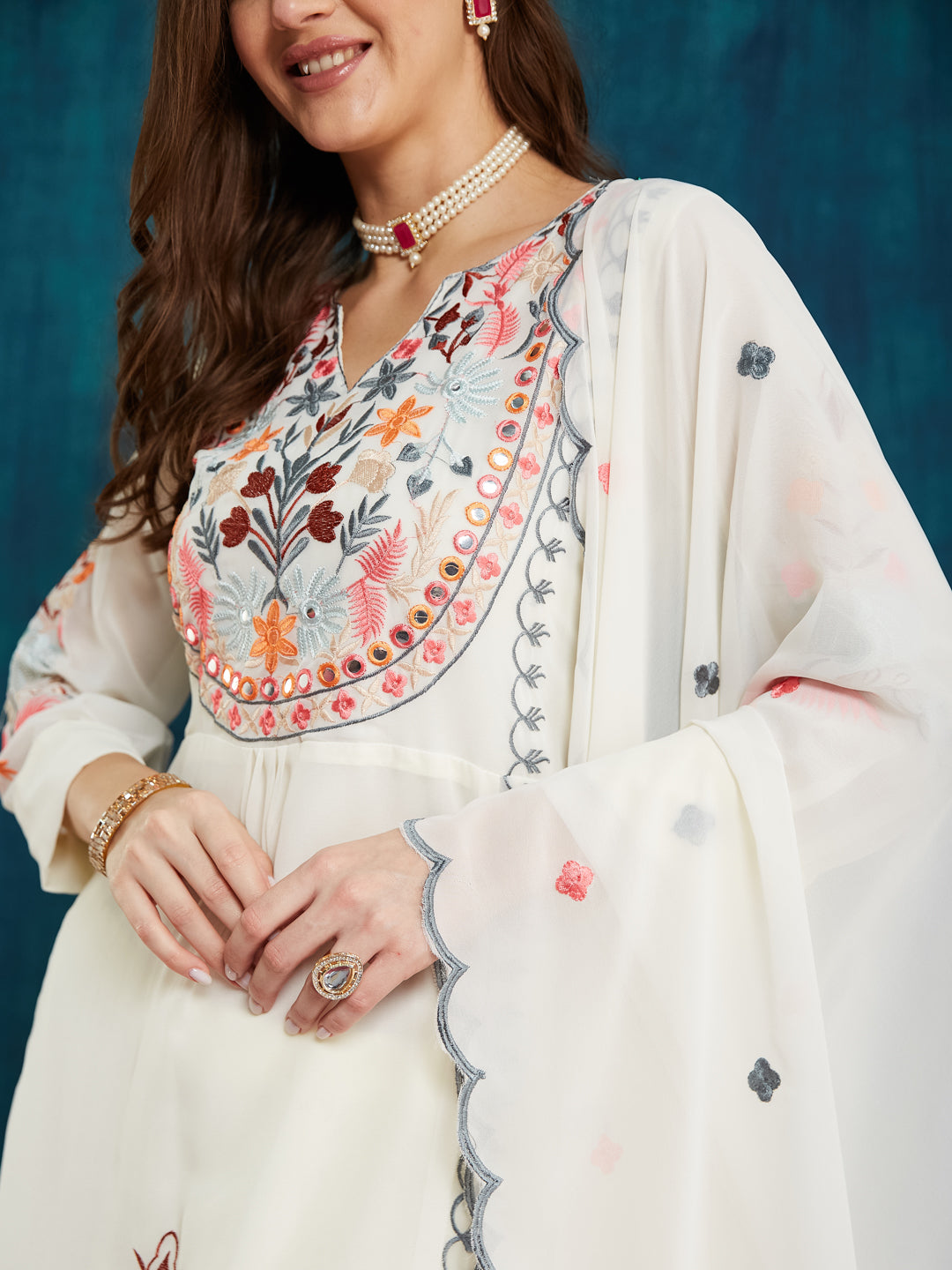 Dhiyona RV Women's Faux Georgette Fabric Thread Embroidery Kurta set With Dupatta