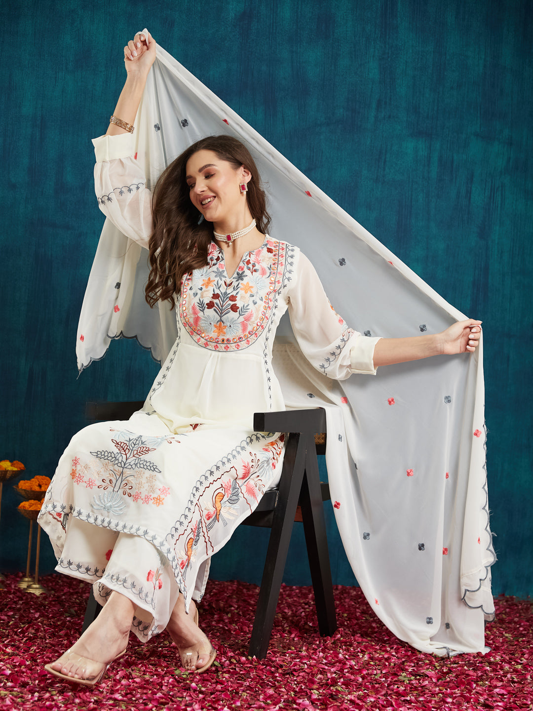 Dhiyona RV Women's Faux Georgette Fabric Thread Embroidery Kurta set With Dupatta