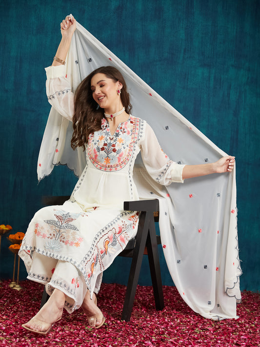 Dhiyona RV Women's Faux Georgette Fabric Thread Embroidery Kurta set With Dupatta