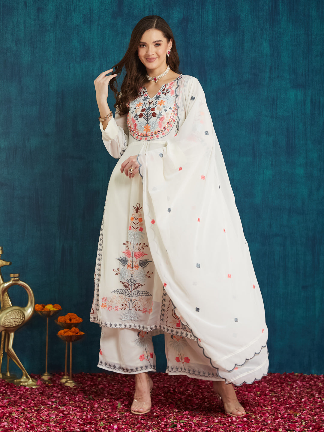 Dhiyona RV Women's Faux Georgette Fabric Thread Embroidery Kurta set With Dupatta