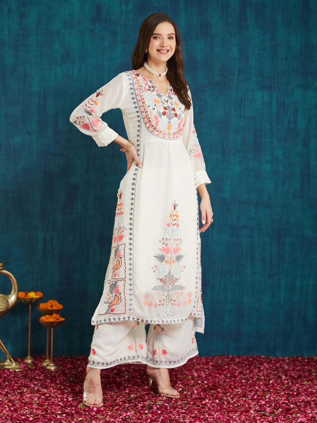 Dhiyona RV Women's Faux Georgette Fabric Thread Embroidery Kurta set With Dupatta