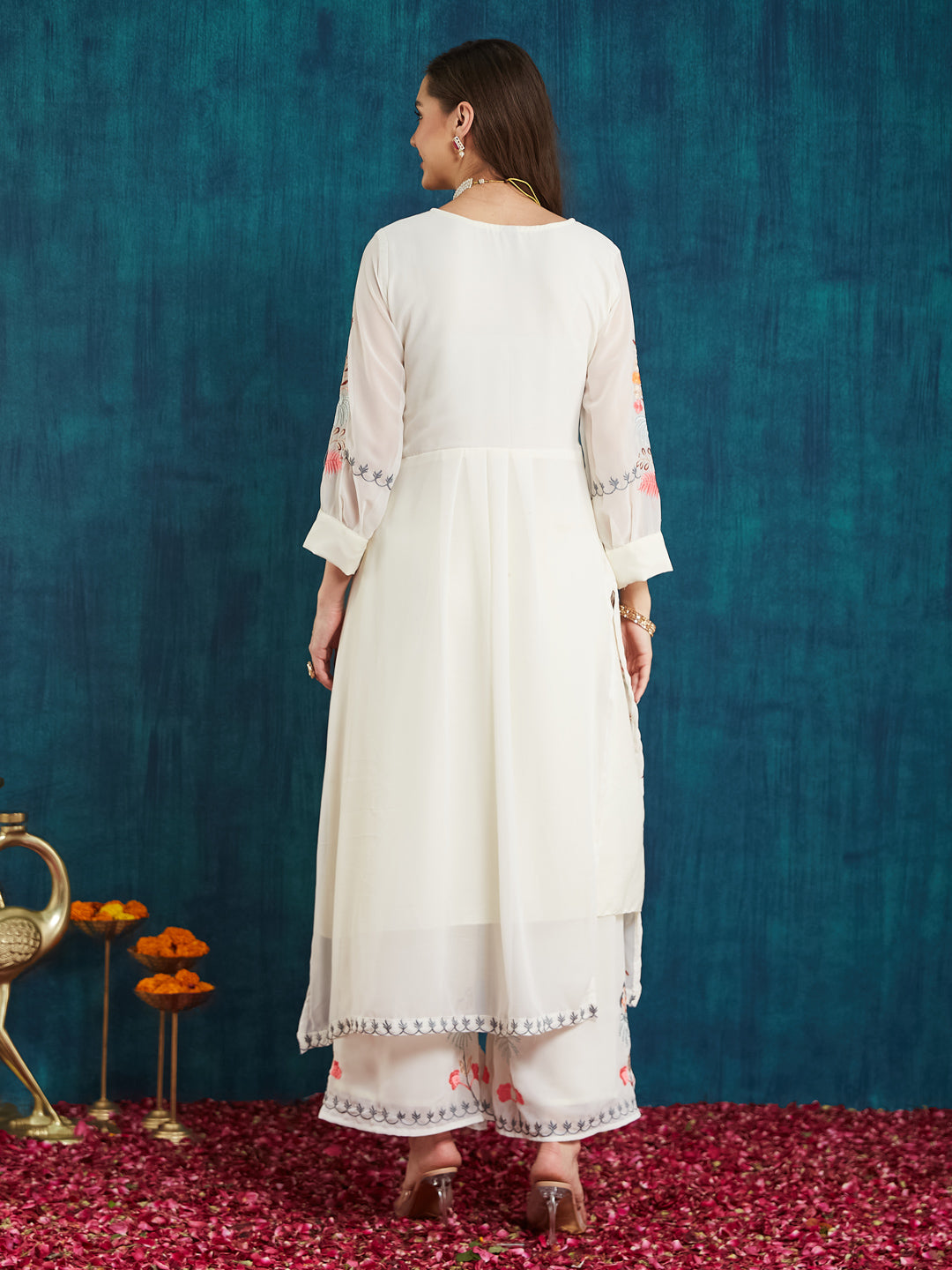 Dhiyona RV Women's Faux Georgette Fabric Thread Embroidery Kurta set With Dupatta