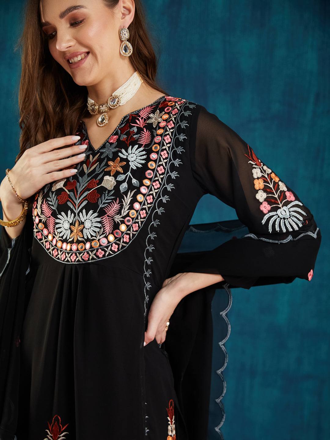 Dhiyona RV Women's Faux Georgette Fabric Thread Embroidery Kurta set With Dupatta