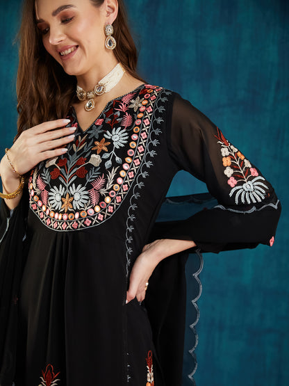 Dhiyona RV Women's Faux Georgette Fabric Thread Embroidery Kurta set With Dupatta