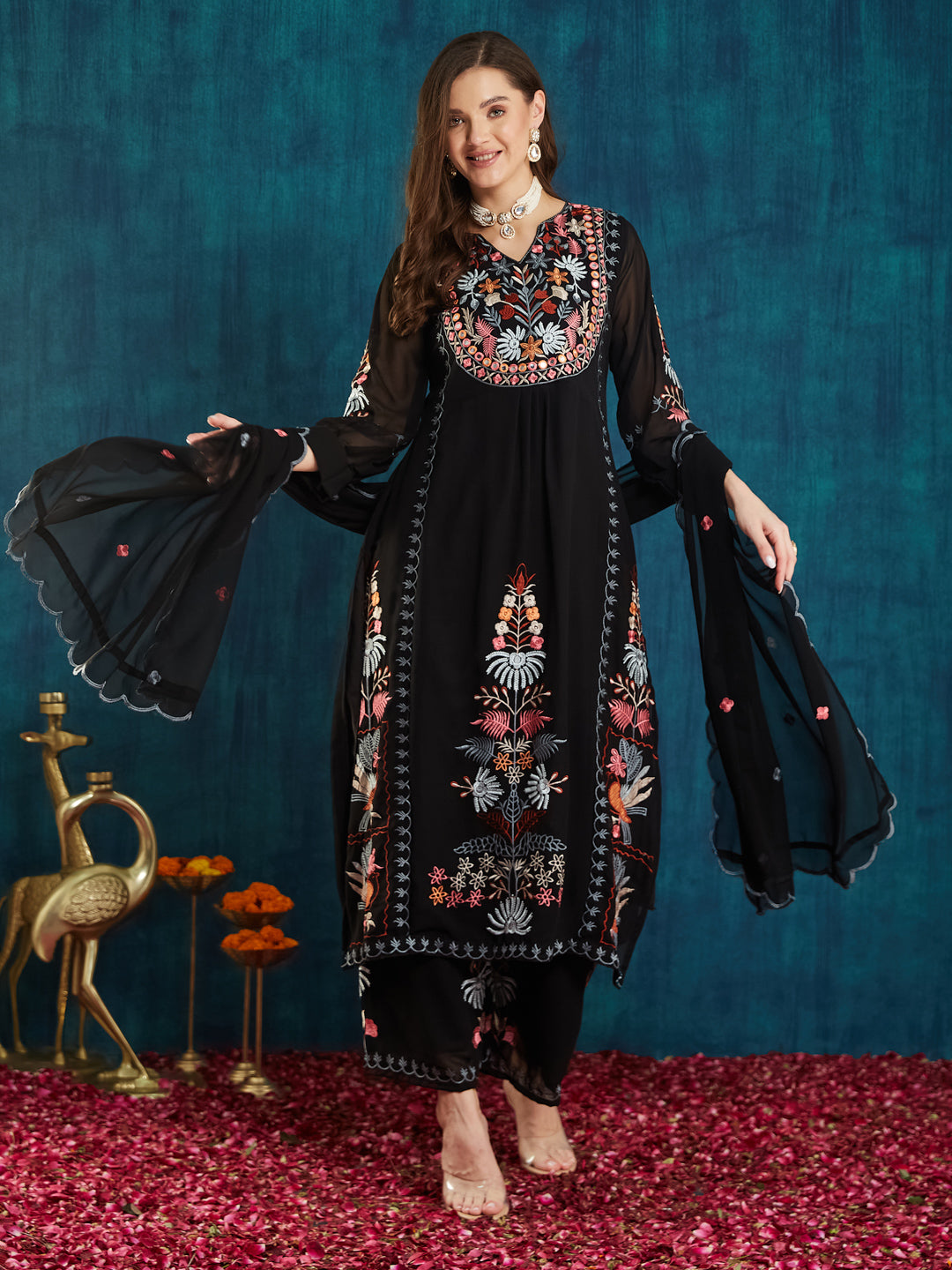 Dhiyona RV Women's Faux Georgette Fabric Thread Embroidery Kurta set With Dupatta