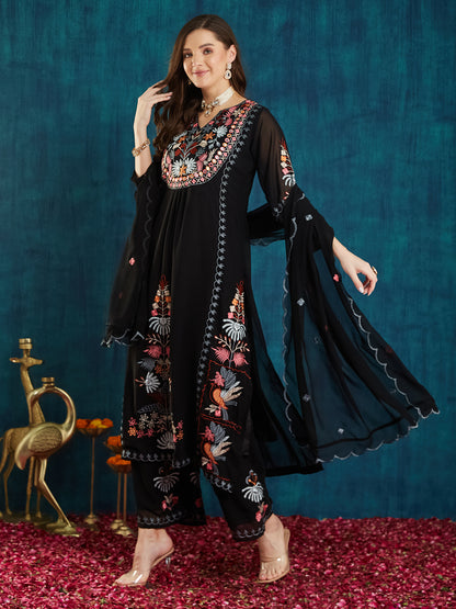 Dhiyona RV Women's Faux Georgette Fabric Thread Embroidery Kurta set With Dupatta