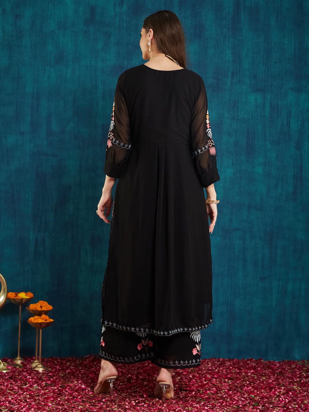 Dhiyona RV Women's Faux Georgette Fabric Thread Embroidery Kurta set With Dupatta