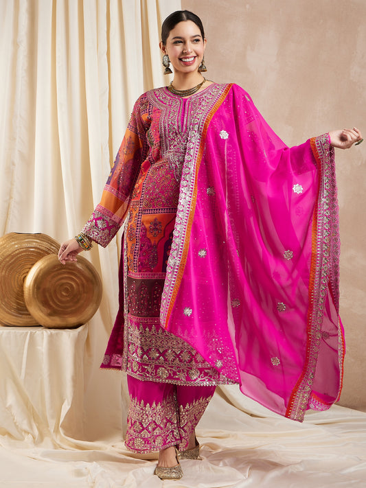 Dhiyona RV Women's Faux Georgette Fabric Zari Embroidery Kurtaset With Dupatta