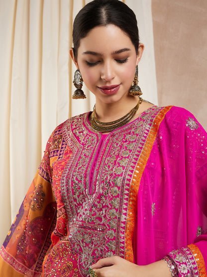 Dhiyona RV Women's Faux Georgette Fabric Zari Embroidery Kurtaset With Dupatta