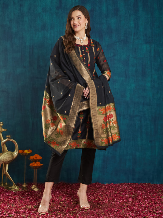 Dhiyona RV Women's Cotton Chanderi Fabric Jacquard Print Kurta Set With Dupatta