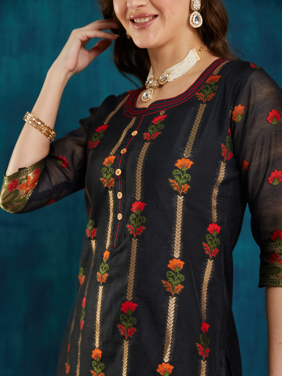 Dhiyona RV Women's Cotton Chanderi Fabric Jacquard Print Kurta Set With Dupatta