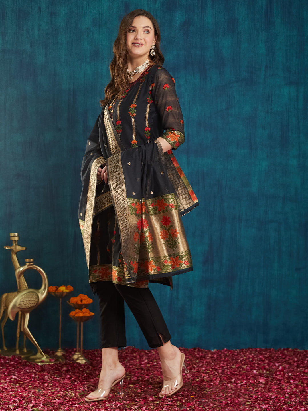 Dhiyona RV Women's Cotton Chanderi Fabric Jacquard Print Kurta Set With Dupatta