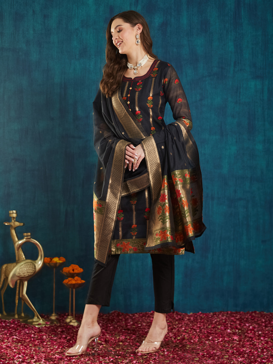 Dhiyona RV Women's Cotton Chanderi Fabric Jacquard Print Kurta Set With Dupatta