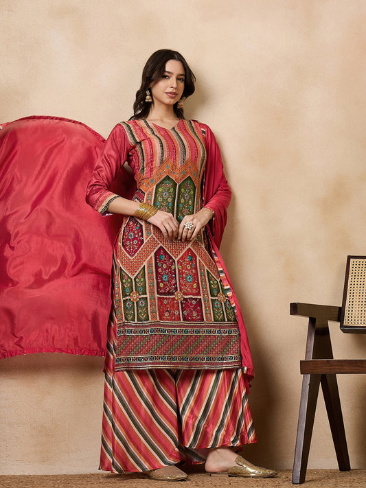 Dhiyona RV Women's Exclusive Chinon Fabric Sequence Work Straight Kurta,Palazzo With Dupatta