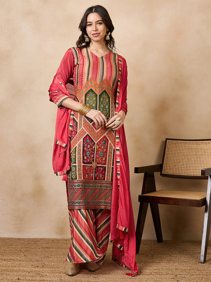 Dhiyona RV Women's Exclusive Chinon Fabric Sequence Work Straight Kurta,Palazzo With Dupatta