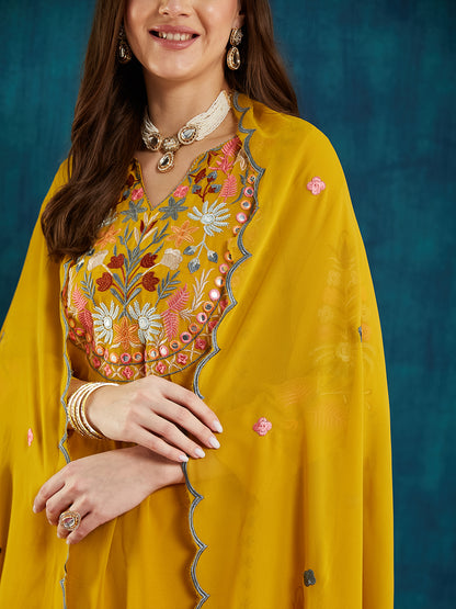 Dhiyona RV Women's Faux Georgette Fabric Thread Embroidery Kurta set With Dupatta