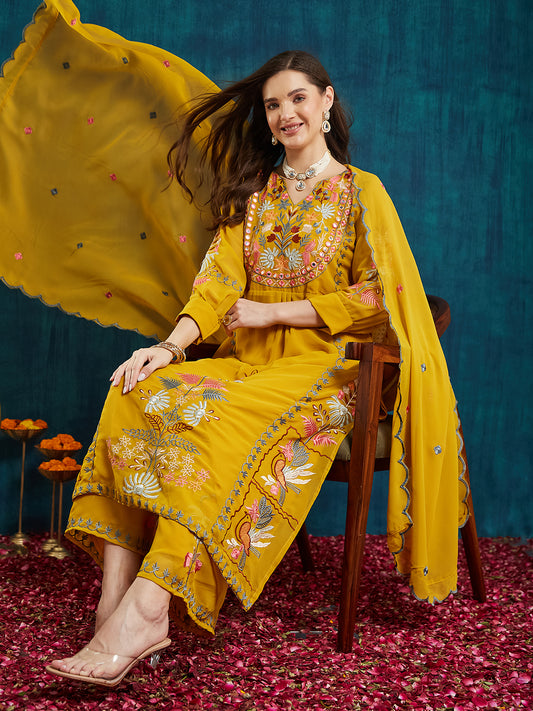 Dhiyona RV Women's Faux Georgette Fabric Thread Embroidery Kurta set With Dupatta