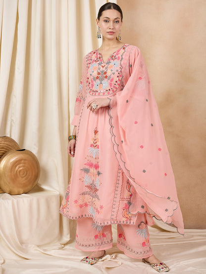 Dhiyona RV Women's Faux Georgette Fabric Thread Embroidery Kurta set With Dupatta
