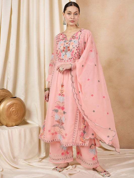 Dhiyona RV Women's Faux Georgette Fabric Thread Embroidery Kurta set With Dupatta