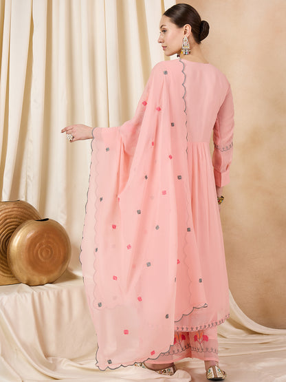 Dhiyona RV Women's Faux Georgette Fabric Thread Embroidery Kurta set With Dupatta