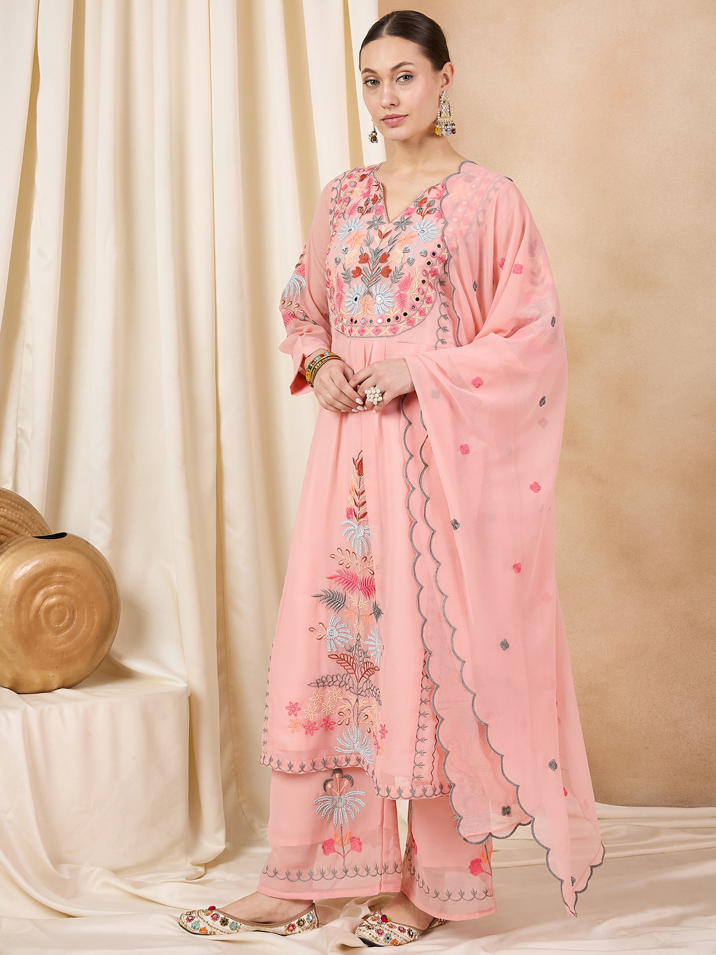 Dhiyona RV Women's Faux Georgette Fabric Thread Embroidery Kurta set With Dupatta