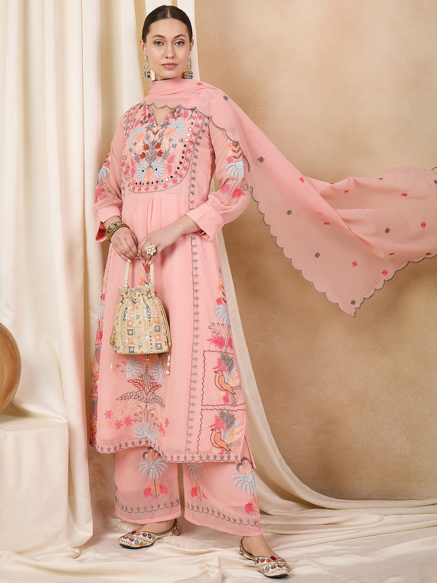 Dhiyona RV Women's Faux Georgette Fabric Thread Embroidery Kurta set With Dupatta