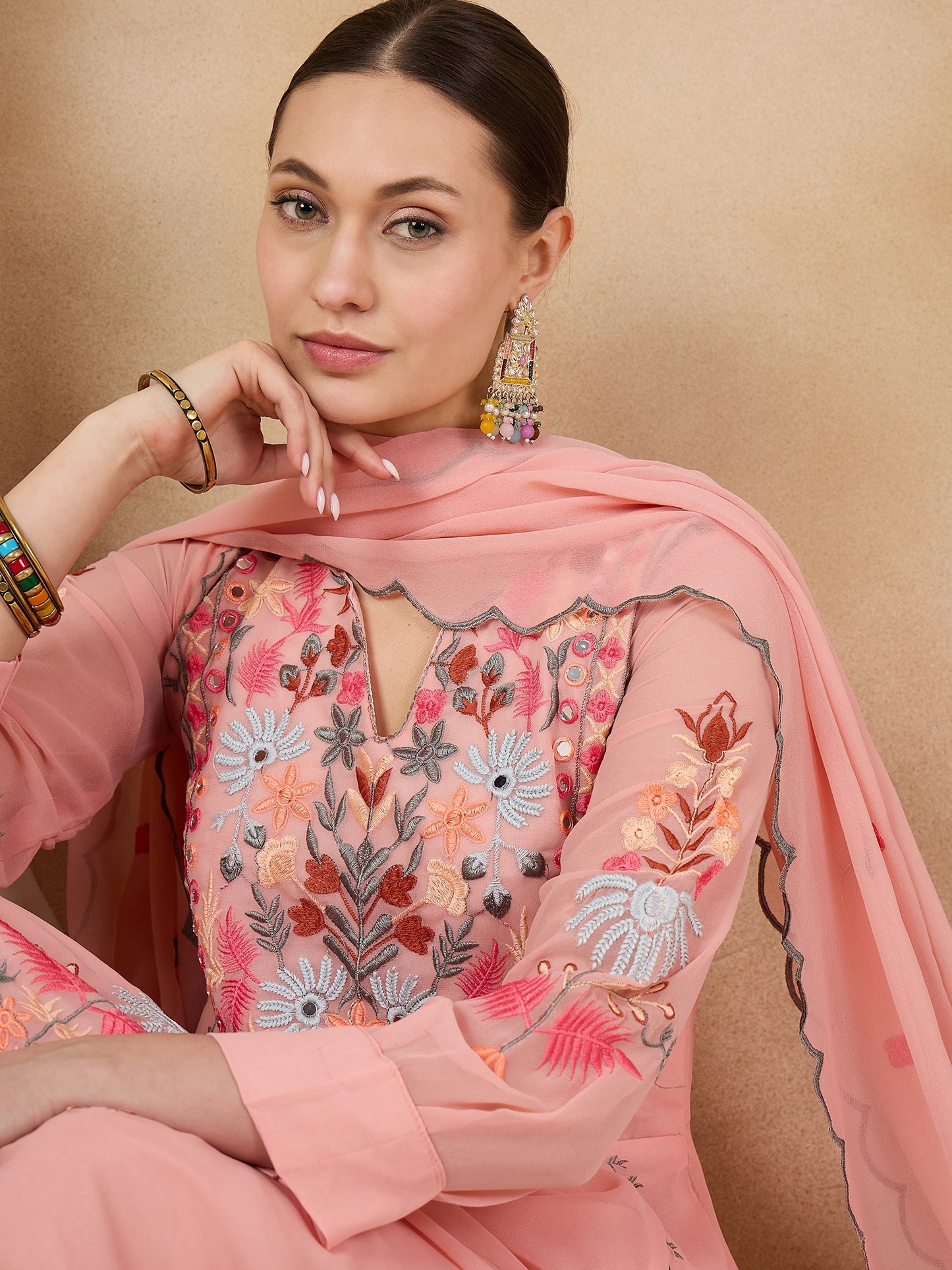 Dhiyona RV Women's Faux Georgette Fabric Thread Embroidery Kurta set With Dupatta