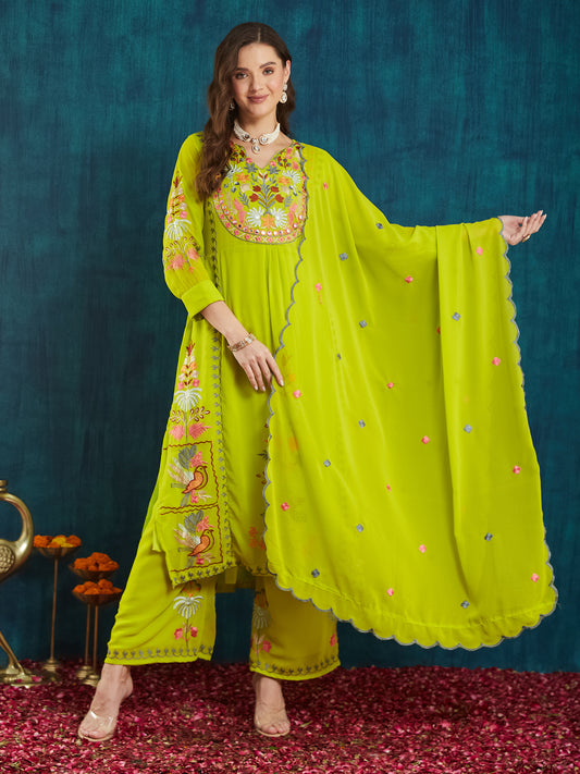 Dhiyona RV Women's Faux Georgette Fabric Thread Embroidery Kurta set With Dupatta