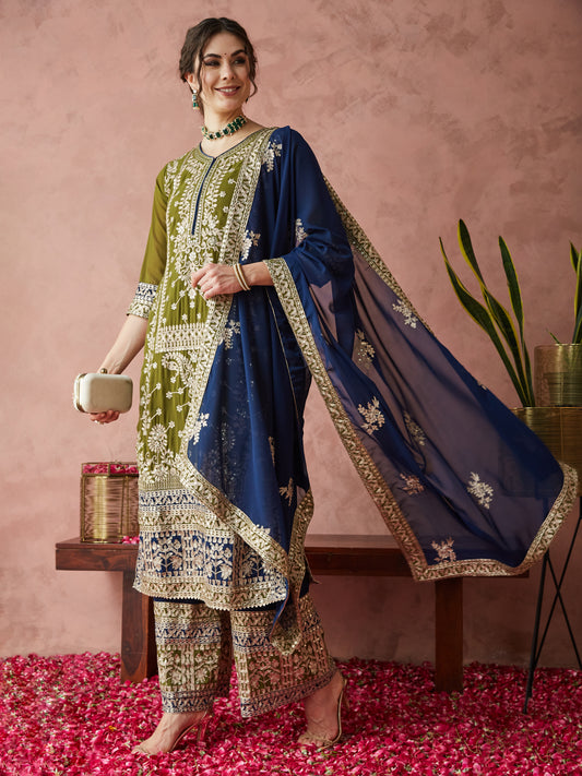 Dhiyona RV Women's Faux Georgette Fabric Zari Embroidery Kurtaset With Dupatta