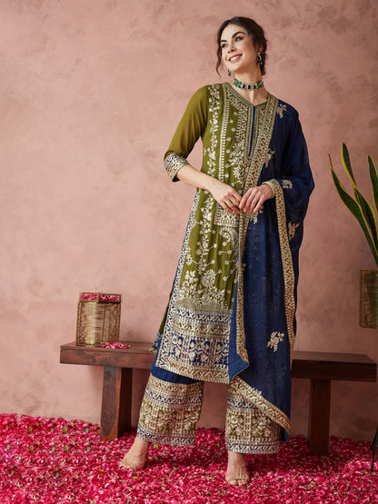 Dhiyona RV Women's Faux Georgette Fabric Zari Embroidery Kurtaset With Dupatta