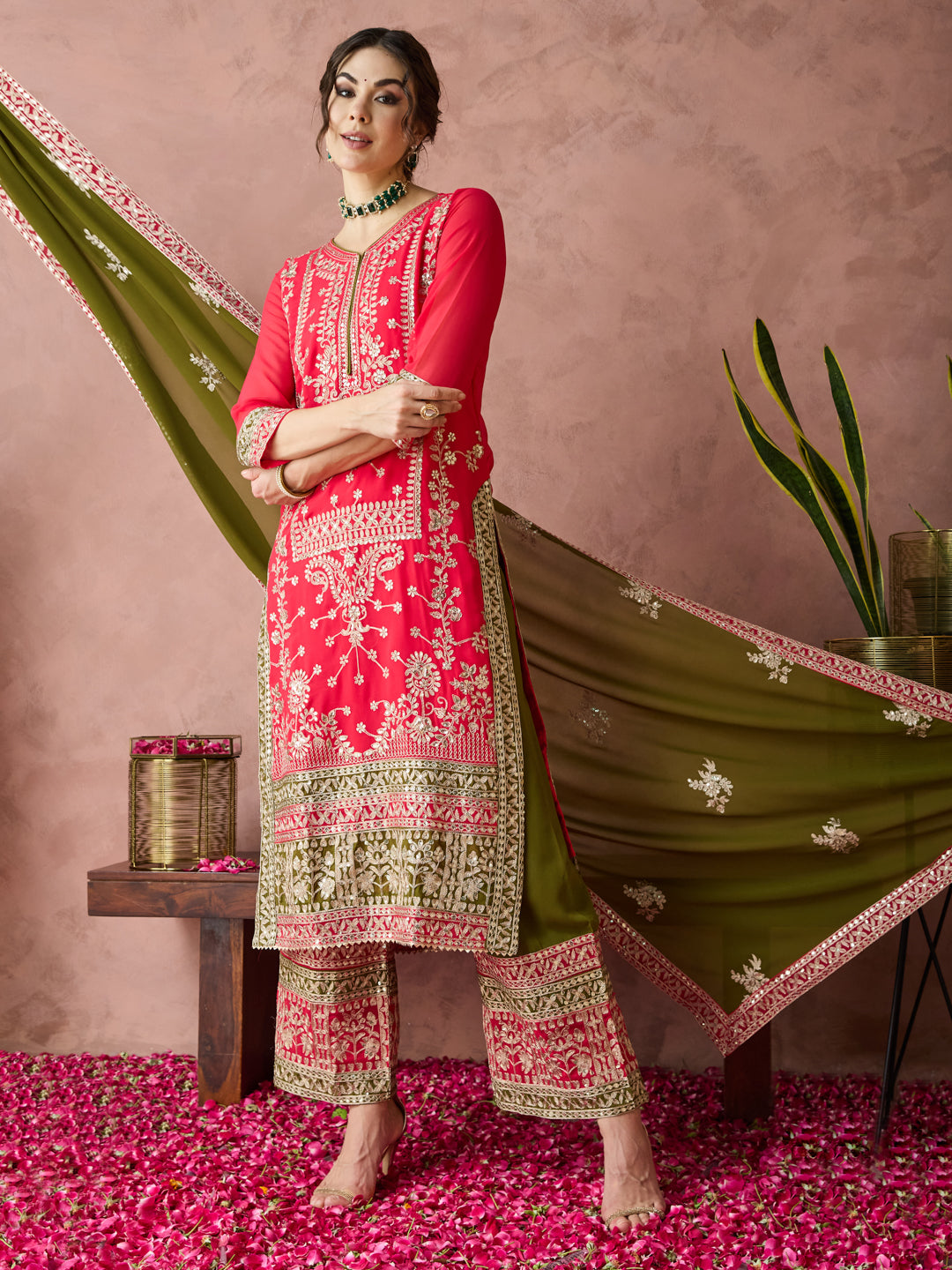 Dhiyona RV Women's Faux Georgette Fabric Zari Embroidery Kurtaset With Dupatta