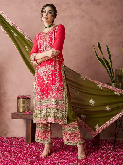 Dhiyona RV Women's Faux Georgette Fabric Zari Embroidery Kurtaset With Dupatta