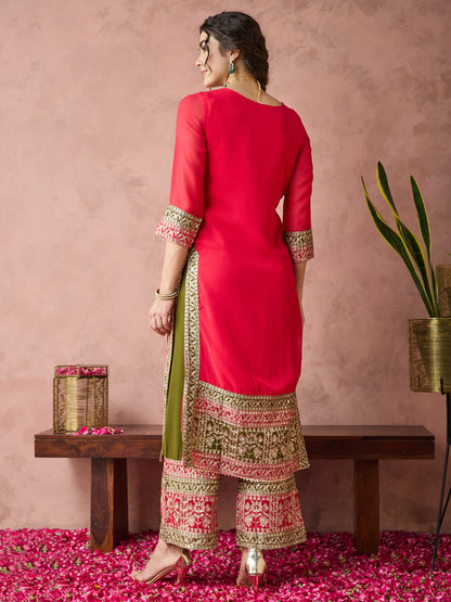 Dhiyona RV Women's Faux Georgette Fabric Zari Embroidery Kurtaset With Dupatta