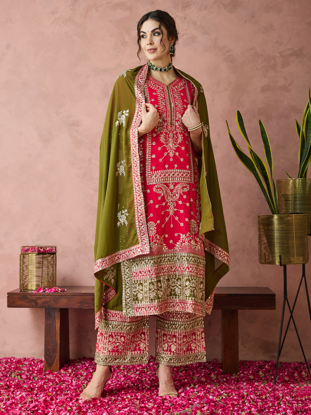 Dhiyona RV Women's Faux Georgette Fabric Zari Embroidery Kurtaset With Dupatta