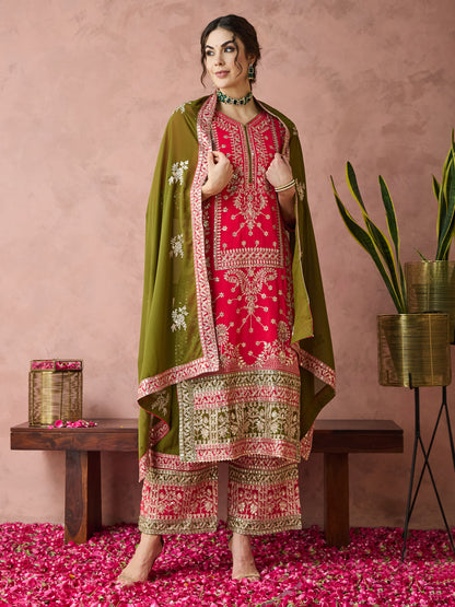 Dhiyona RV Women's Faux Georgette Fabric Zari Embroidery Kurtaset With Dupatta