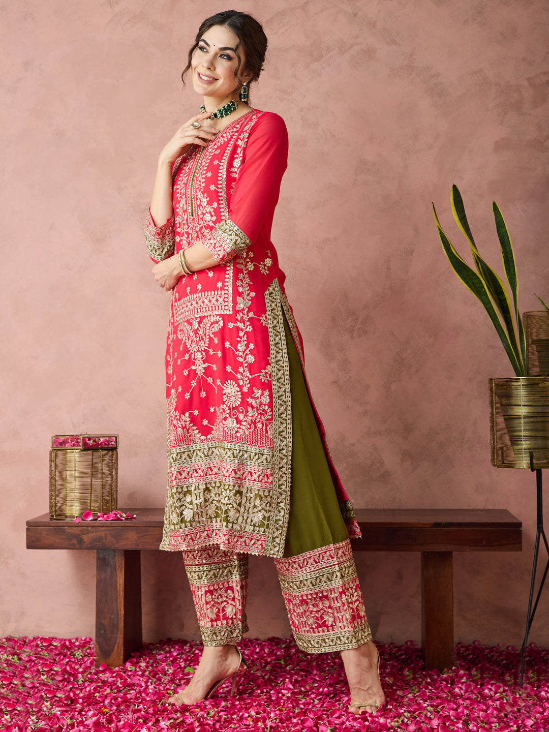 Dhiyona RV Women's Faux Georgette Fabric Zari Embroidery Kurtaset With Dupatta