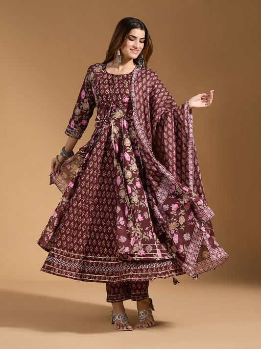 Dhiyona RV Women's Exclusive Jaipuri Cotton Fabric Printed Anarkali Kurtaset With Dupatta.