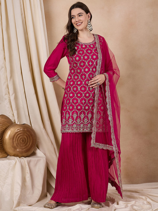 Dhiyona RV Women's Vichitra Silk Fabric Coding Sequence Embroidery Kurtaset With Dupatta.