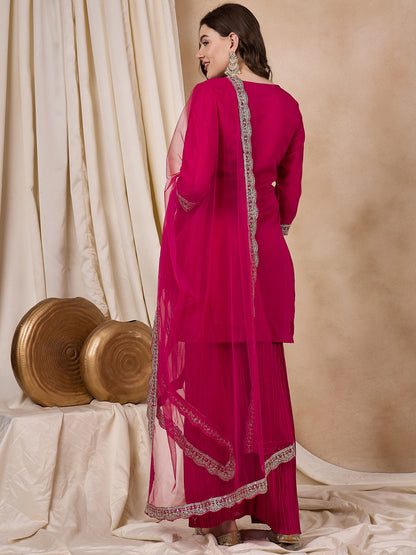Dhiyona RV Women's Vichitra Silk Fabric Coding Sequence Embroidery Kurtaset With Dupatta.
