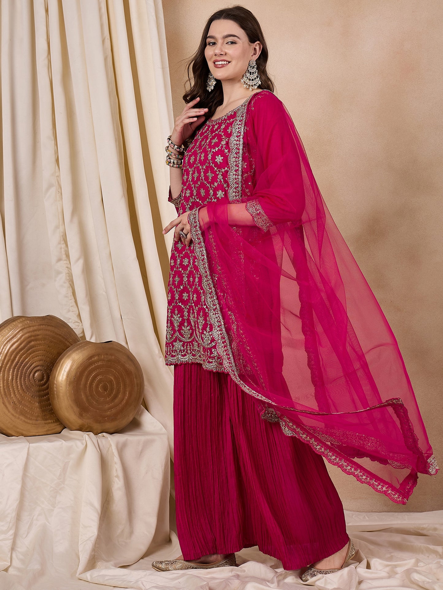 Dhiyona RV Women's Vichitra Silk Fabric Coding Sequence Embroidery Kurtaset With Dupatta.