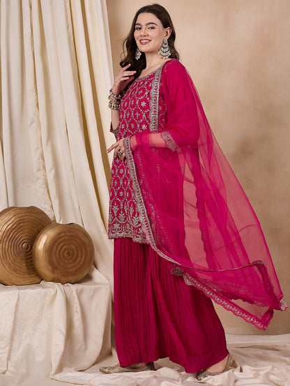 Dhiyona RV Women's Vichitra Silk Fabric Coding Sequence Embroidery Kurtaset With Dupatta.