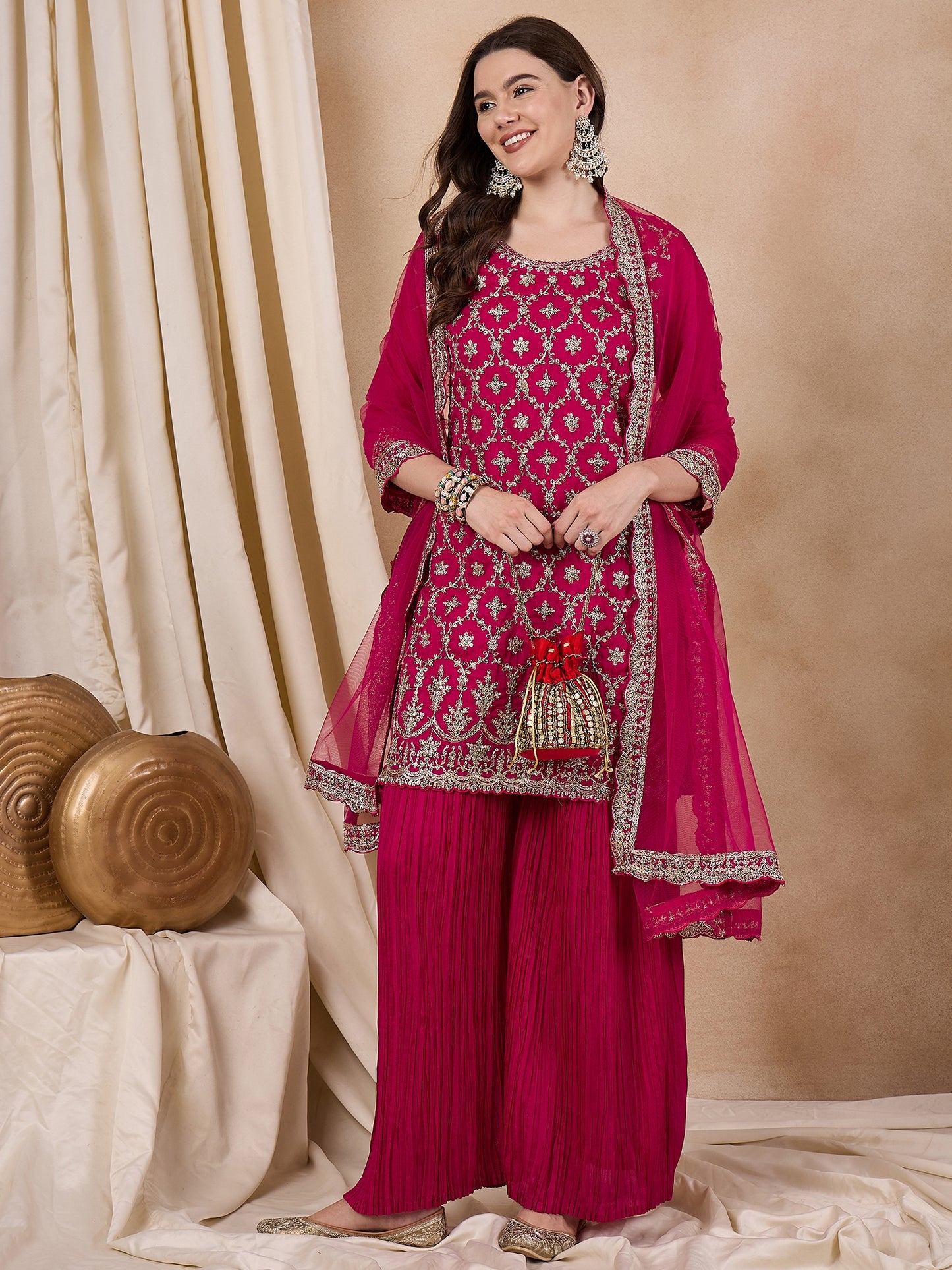 Dhiyona RV Women's Vichitra Silk Fabric Coding Sequence Embroidery Kurtaset With Dupatta.