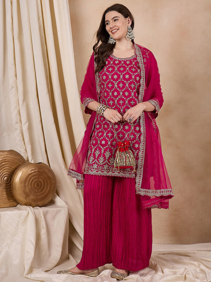 Dhiyona RV Women's Vichitra Silk Fabric Coding Sequence Embroidery Kurtaset With Dupatta.