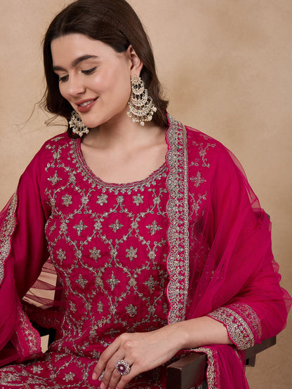 Dhiyona RV Women's Vichitra Silk Fabric Coding Sequence Embroidery Kurtaset With Dupatta.