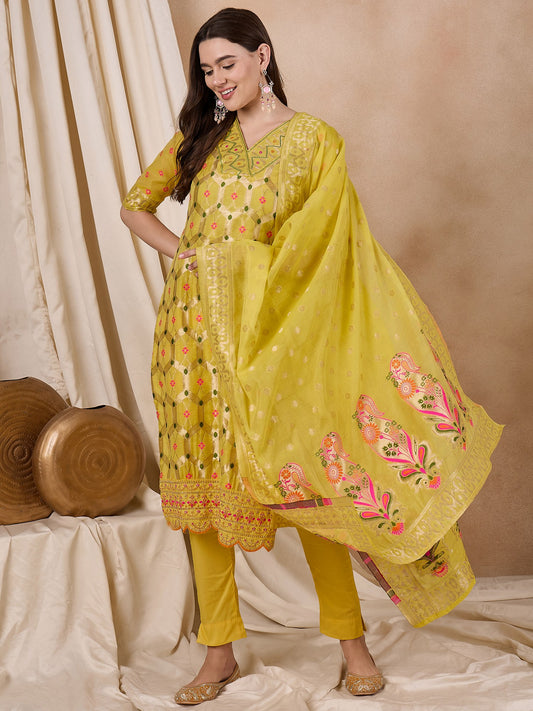 Dhiyona RV Women's Cotton Chanderi Fabric Jacquard Print Kurta Set With Dupatta