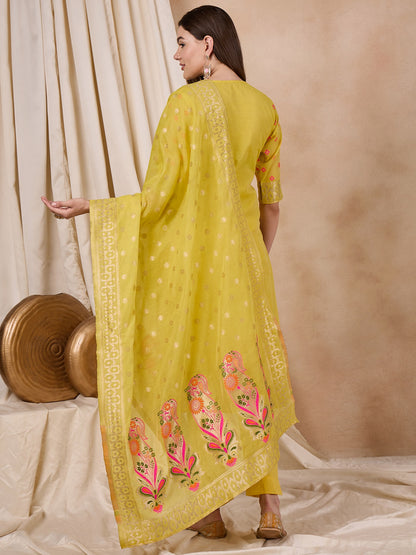 Dhiyona RV Women's Cotton Chanderi Fabric Jacquard Print Kurta Set With Dupatta