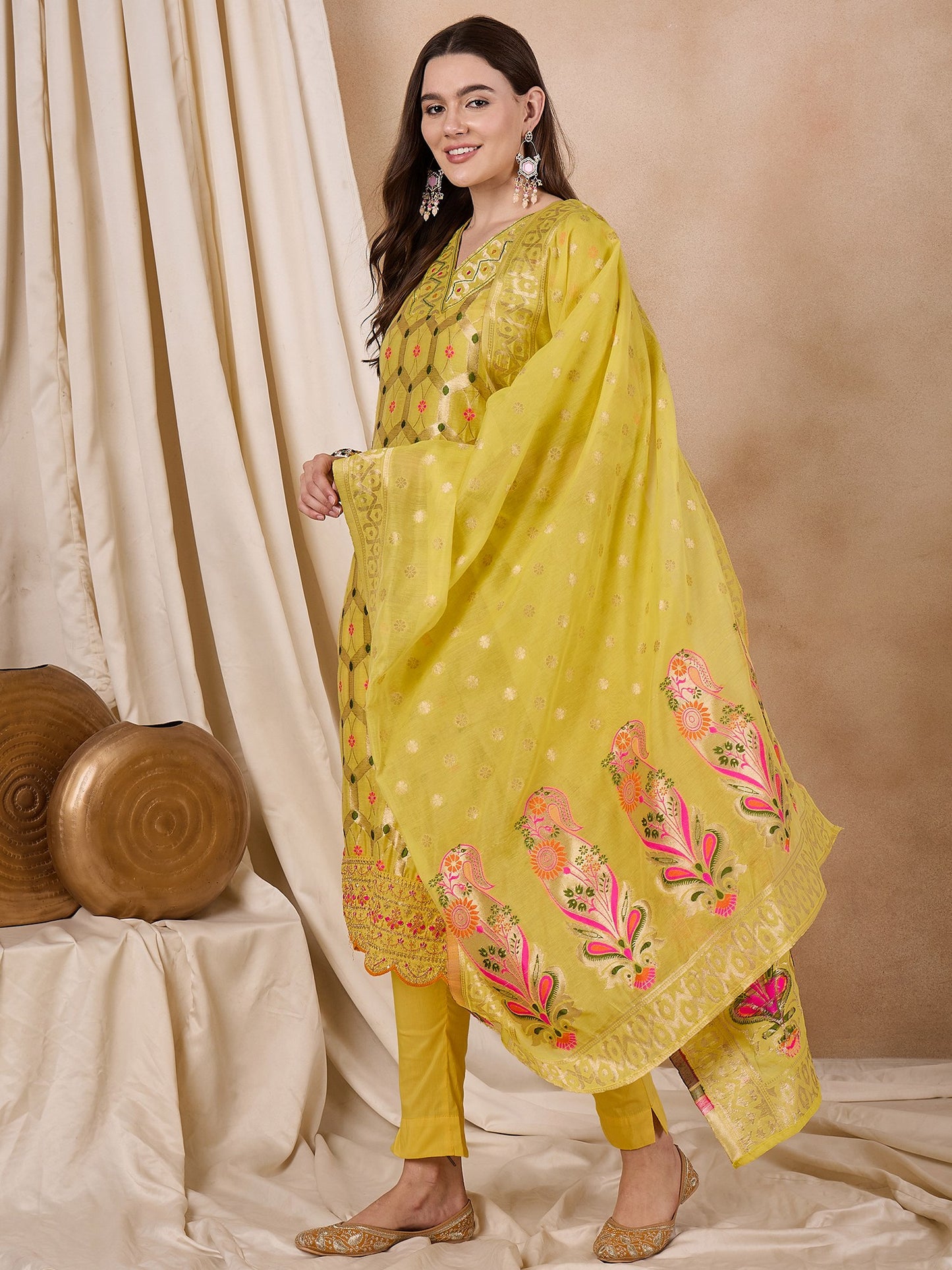 Dhiyona RV Women's Cotton Chanderi Fabric Jacquard Print Kurta Set With Dupatta