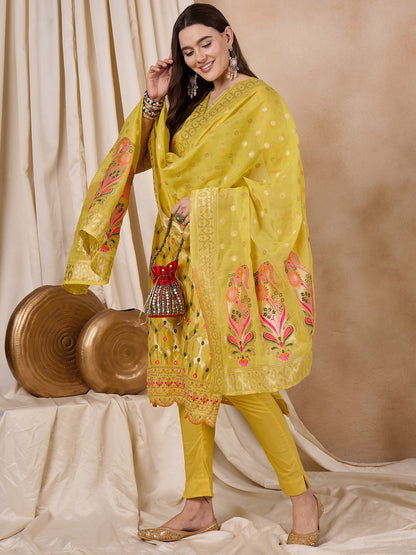 Dhiyona RV Women's Cotton Chanderi Fabric Jacquard Print Kurta Set With Dupatta