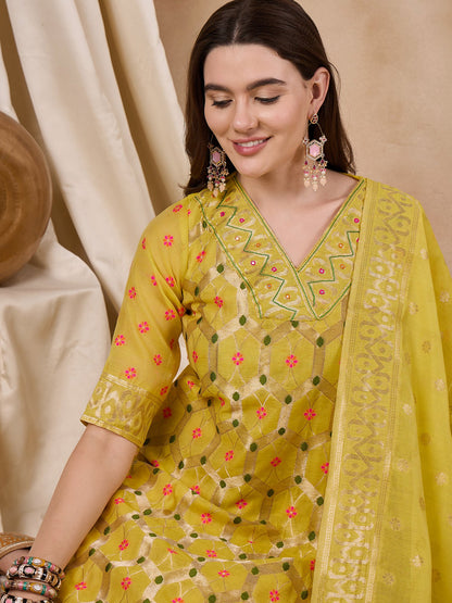Dhiyona RV Women's Cotton Chanderi Fabric Jacquard Print Kurta Set With Dupatta